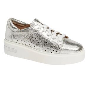 Linea Paolo Kendra Leather Silver Metallic Platform Lace Up Sneaker Size 8.5